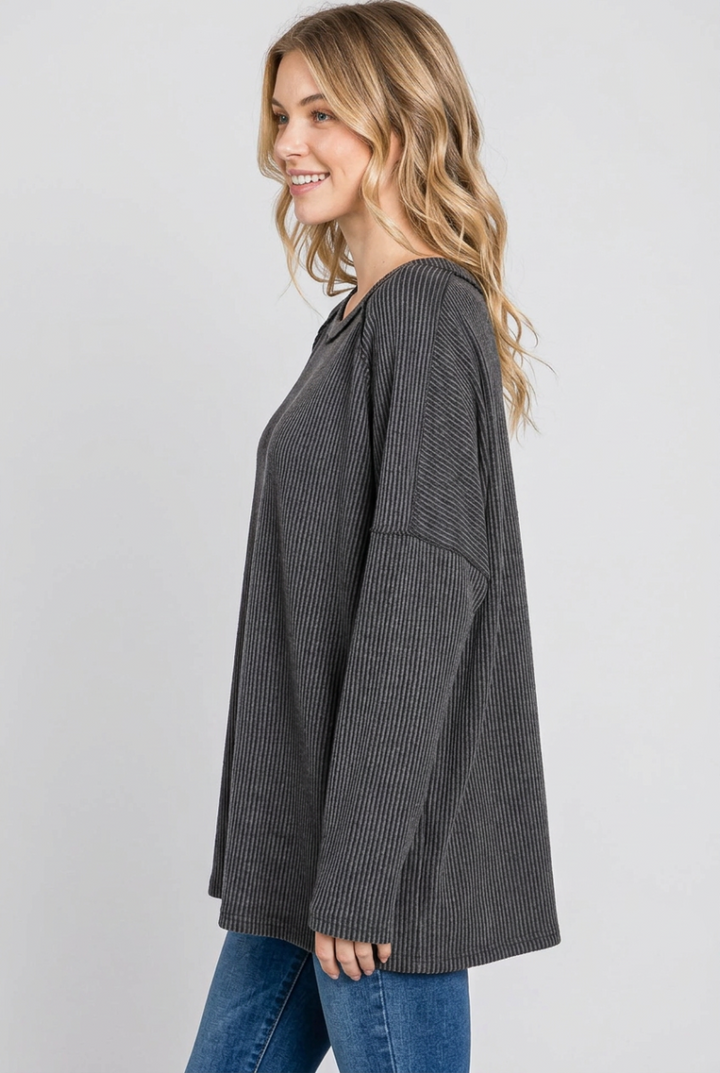 LONG SLEEVE ROUND NECK SOLID URBAN RIBBED TOP HMET7690-10