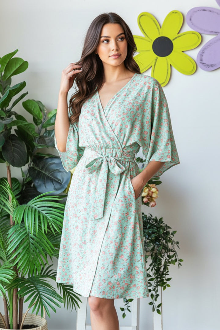 HALF SLEEVE SURPLICE NECKLINE DITSY FLORAL PRINT MINI DRESS-HMED6826-11