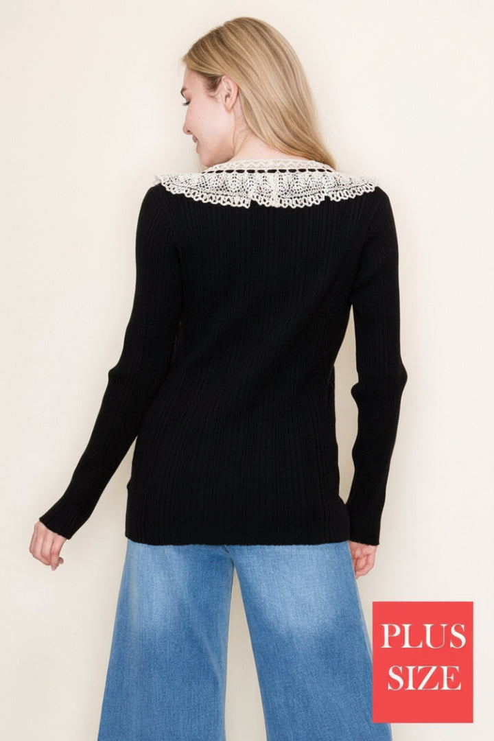 PLUS SIZE BLACK LONG SLEEVE LACE YOKE DETAIL TOP