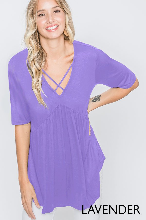 HALF SLEEVE CRISSCROSS V NECK SOLID BABYDOLL TOP