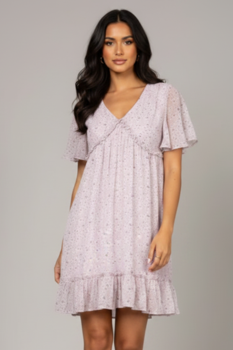 CHIFFON FLORAL BELL SLEEVES RUFFLED MINI DRESS SD63921 *