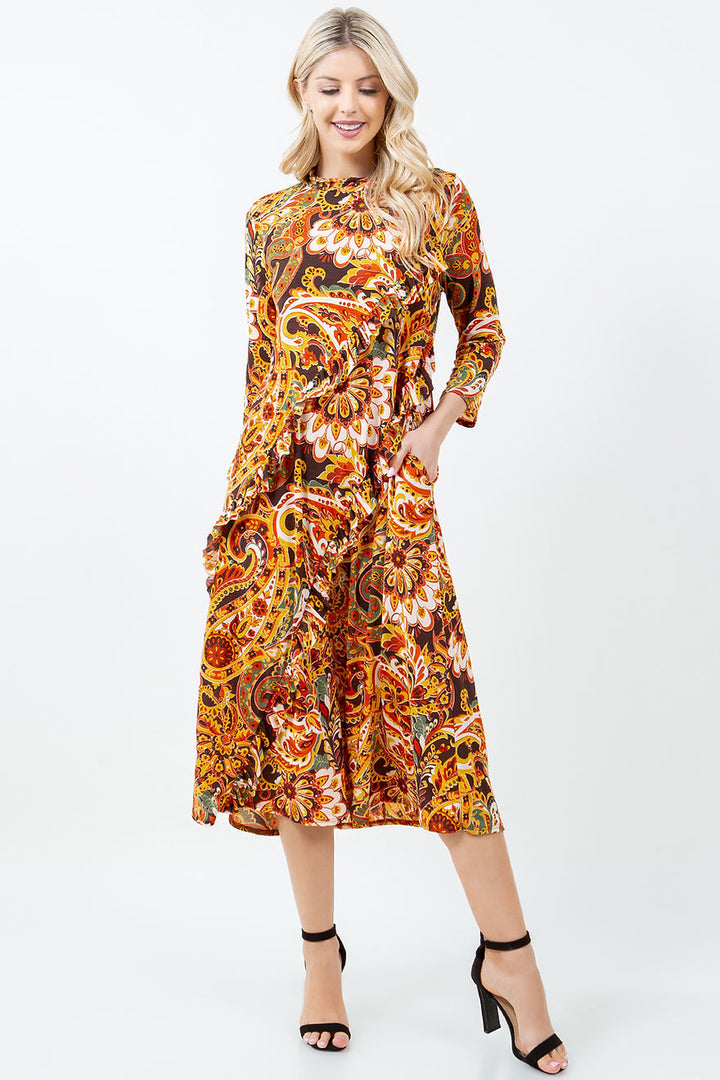 MULTI COLOR MOCK NECK MIDI DRESS W/SIDE POCKET
