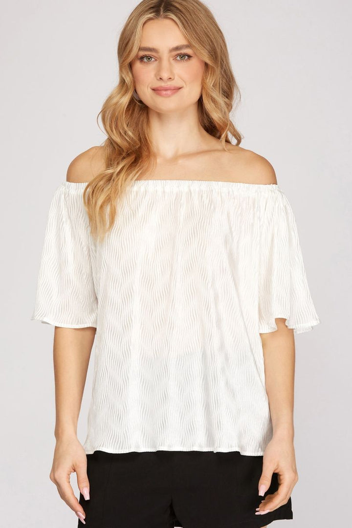GREEN OFF SHOULDER PLISSE WOVEN TOP SKSY3901