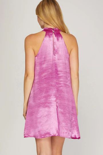 CHAMPAGNE SMOCKED MOCK NECK SATIN MINI DRESS SKSY5088