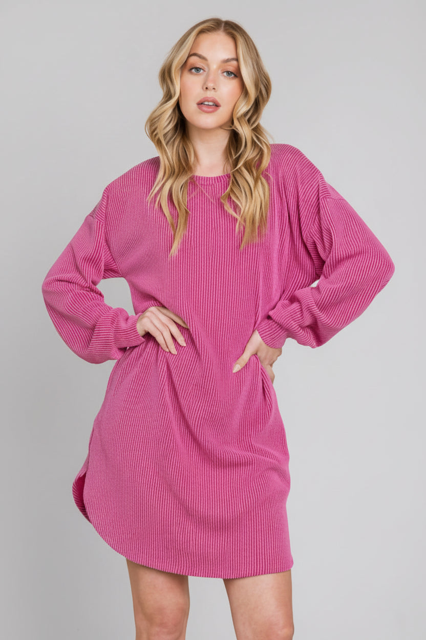LONG PUFF SLEEVE SOLID URBAN RIBBED MINI DRESS