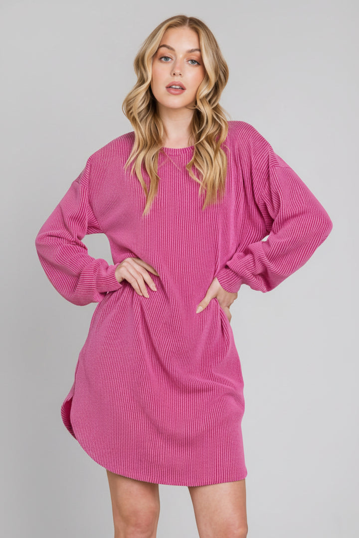 LONG PUFF SLEEVE SOLID URBAN RIBBED MINI DRESS