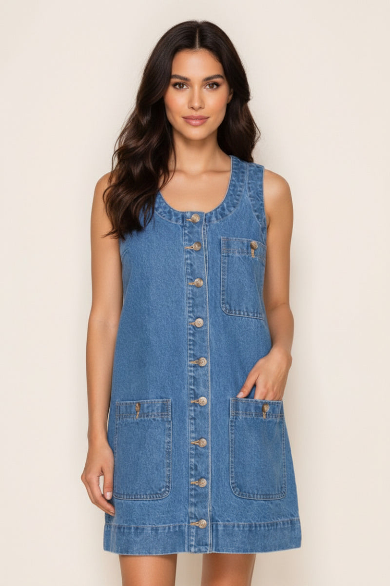 SLEEVELESS BUTTON DOWN DENIM MINI DRESS WBD90794XL