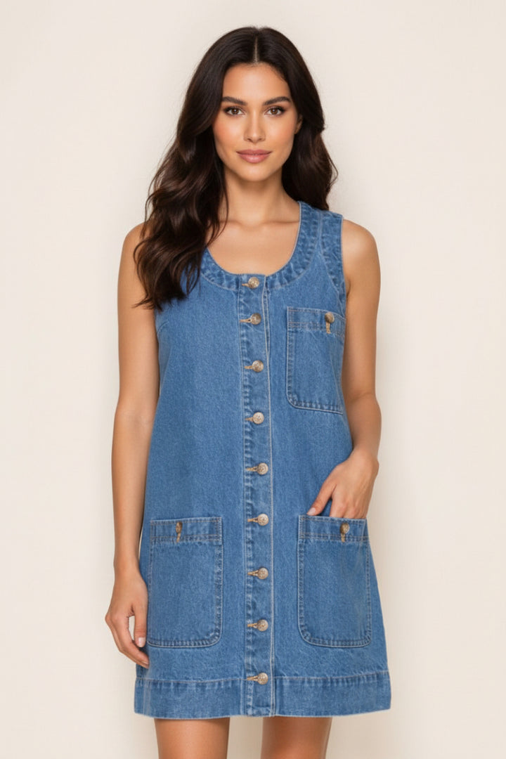 SLEEVELESS BUTTON DOWN DENIM MINI DRESS WBD90794XL