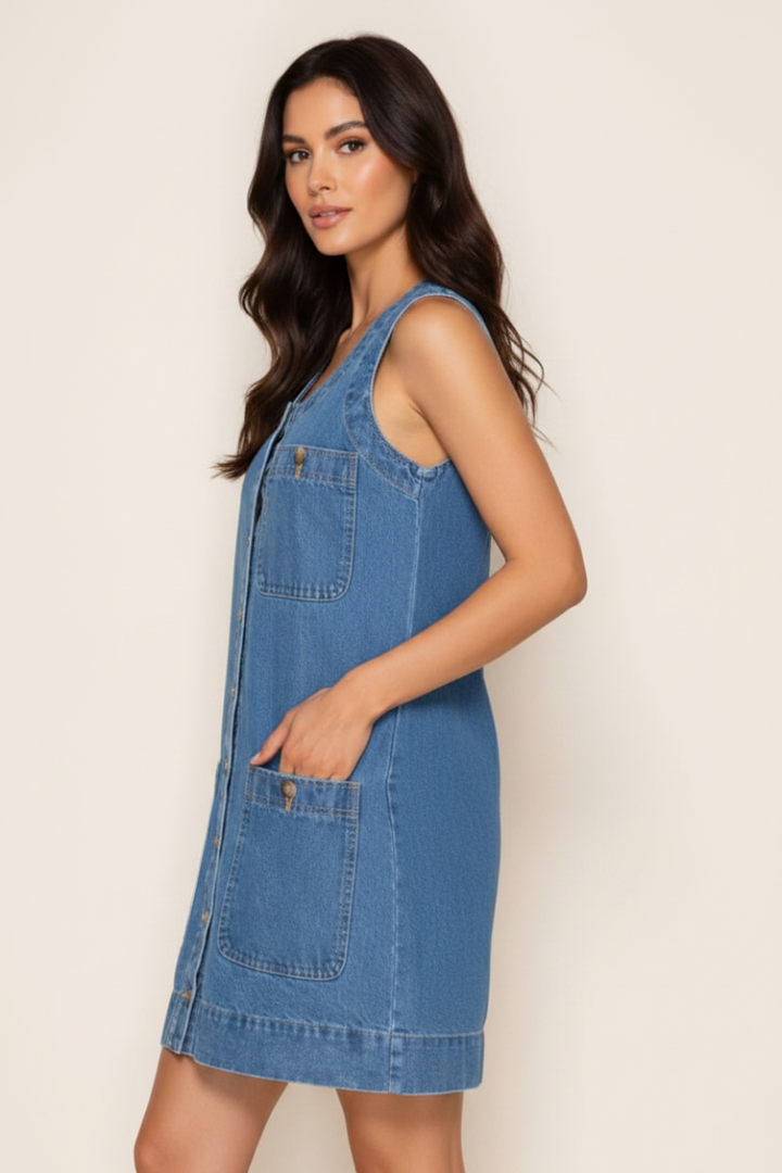 SLEEVELESS BUTTON DOWN DENIM MINI DRESS WBD90794XL