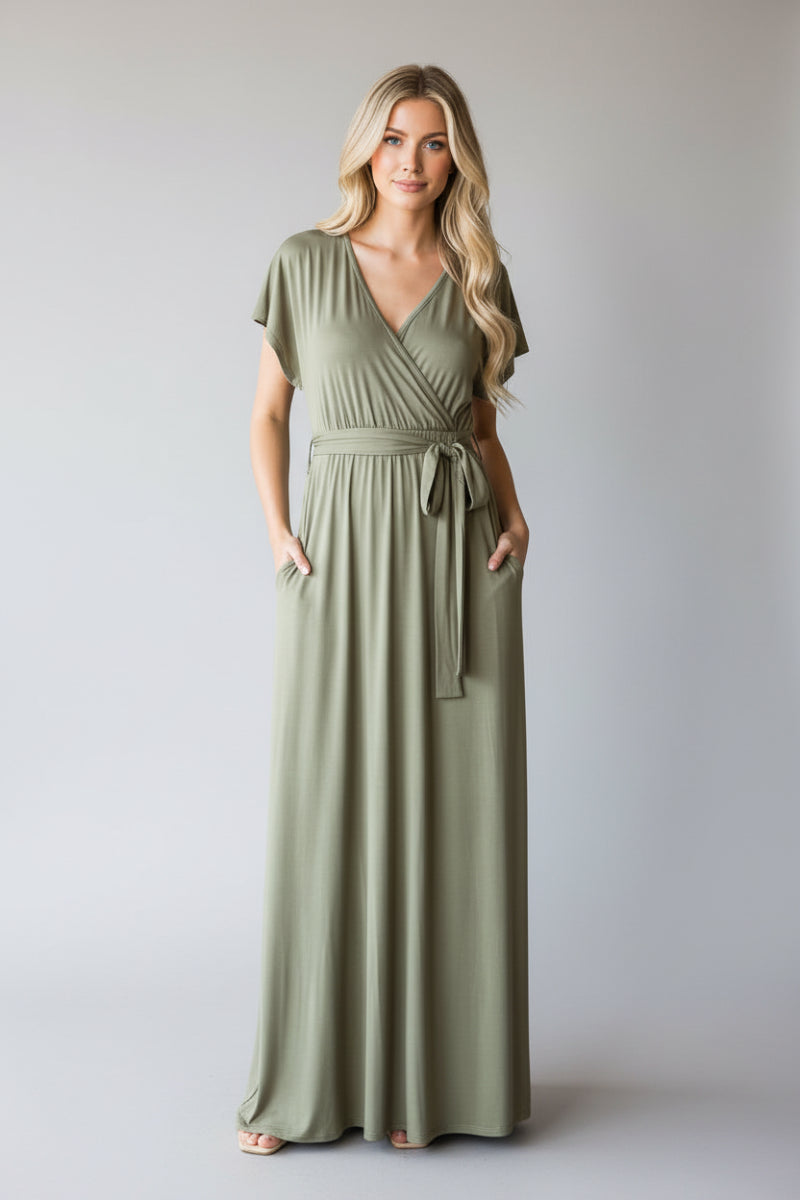 SHORT SLEEVE V NECK SOLID MAXI WRAP DRESS HMED6724S