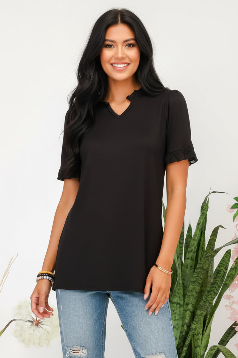 SOLID TOP WITH RUFFLE CHIFFON SLEEVE DETAIL-CLCT43791