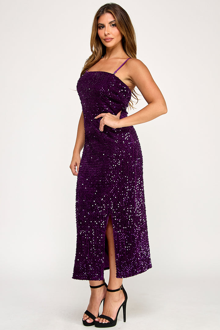 VELVET SEQUIN DRESS WITH LEG SLIT