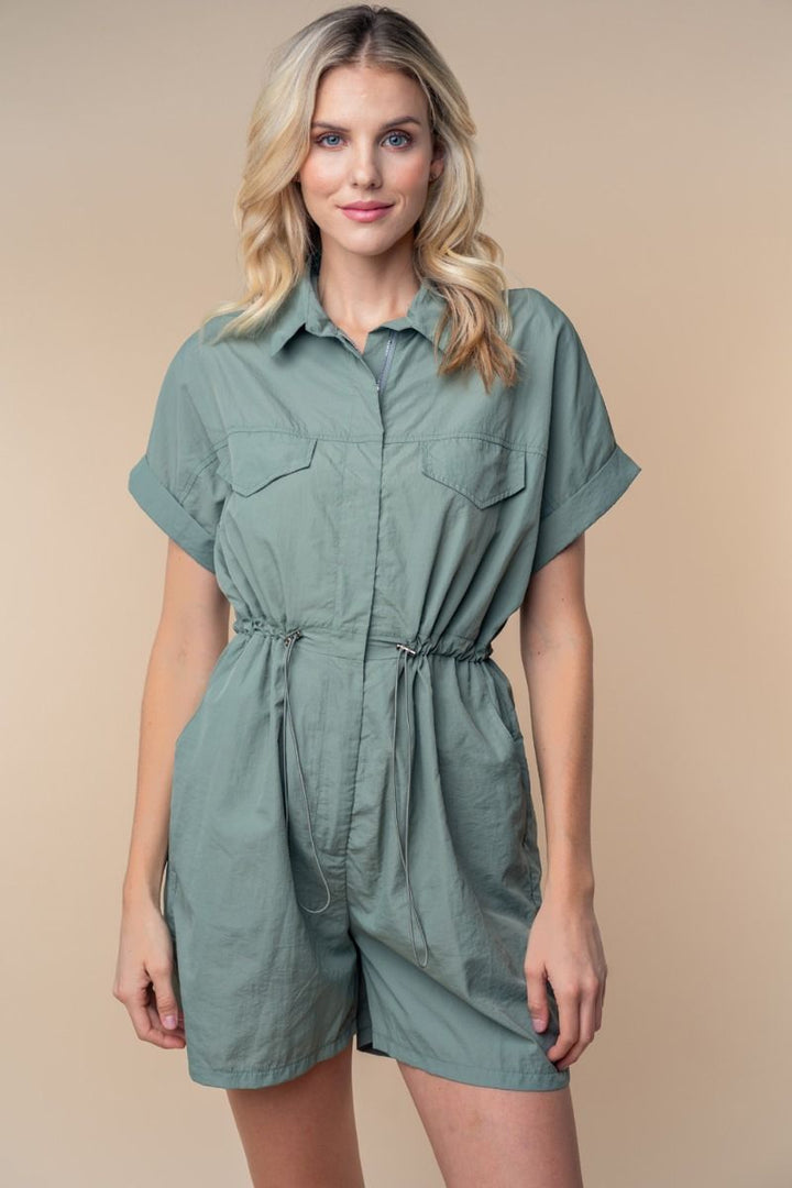 SHORT SLEEVE SOLID WOVEN ROMPER
