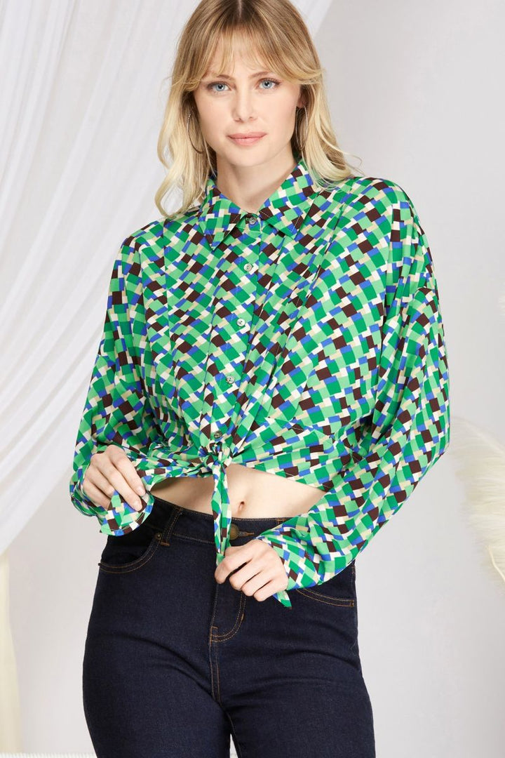 PINK GEO PRINT LONG SLEEVES FRONT-TIE WOVEN TOP SKSY2546