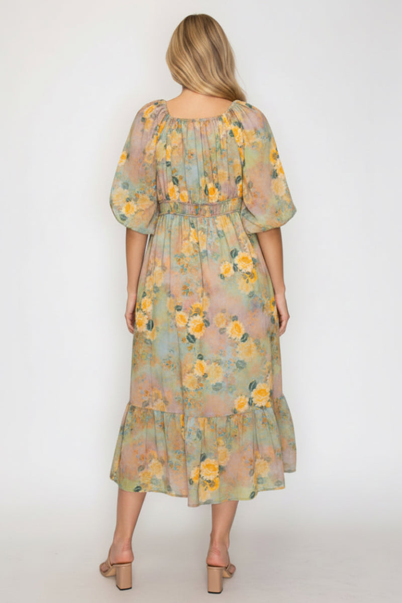 PLUS SIZE FLORAL MIDI DRESS WITH SQUARE NECK-SHD1027