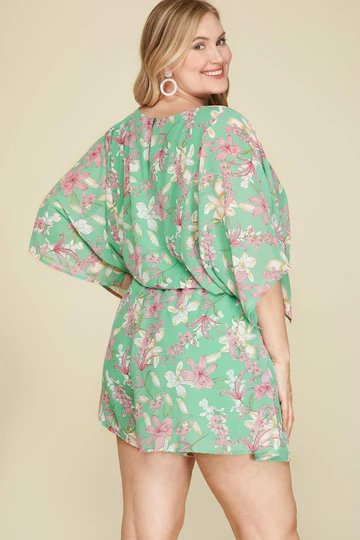 KIMONO SLEEVES DRAWSTRING WAIST WOVEN PLUS SIZE ROMPER