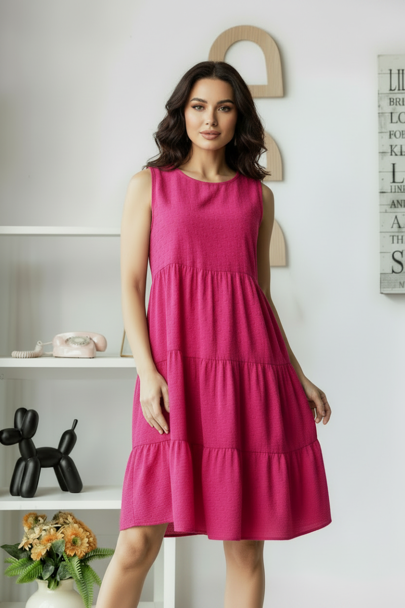 PLUS SIZE ROUND NECK SOLID SWISS DOT TIERED MINI DRESS-HMED6840-10
