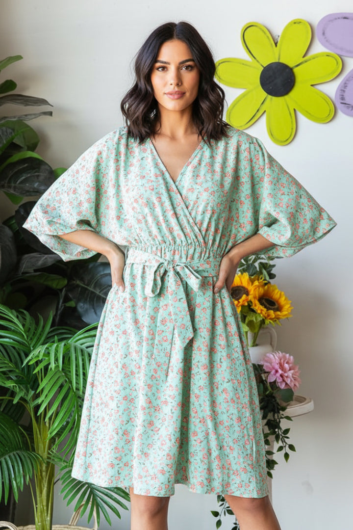 HALF SLEEVE SURPLICE NECKLINE DITSY FLORAL PRINT MINI DRESS-HMED6826-11