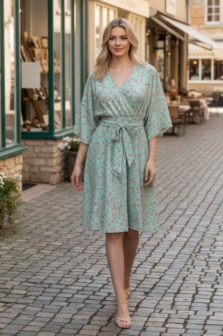 HALF SLEEVE SURPLICE NECKLINE DITSY FLORAL PRINT MINI DRESS-HMED6826-11