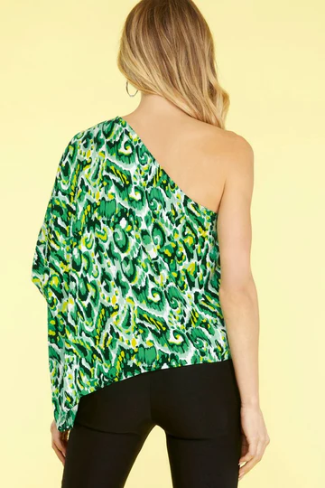 FUCHSIA ONE SHOULDER PRINTED WOVEN TOP