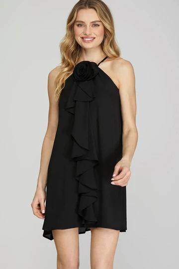 HALTER ROSETTE RUFFLED WOVEN MINI DRESS