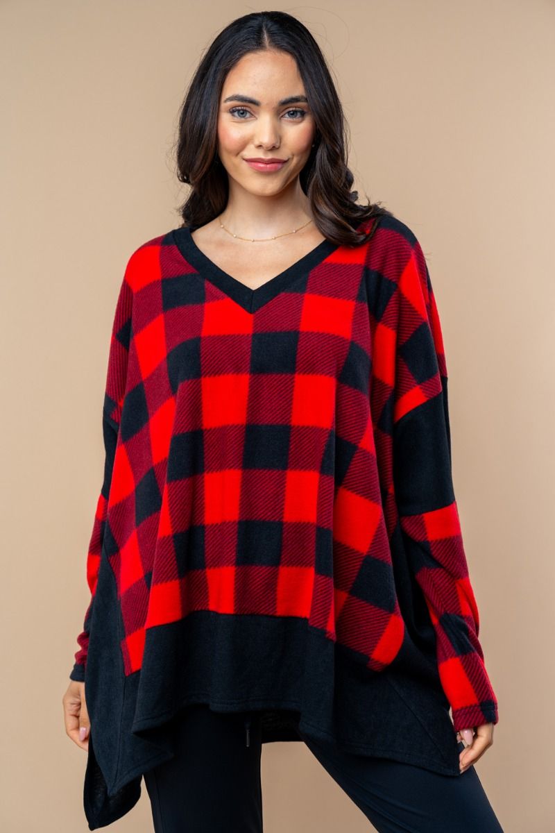 LONG SLEEVE PLUS SIZE CHECK KNIT TOP-T25702P