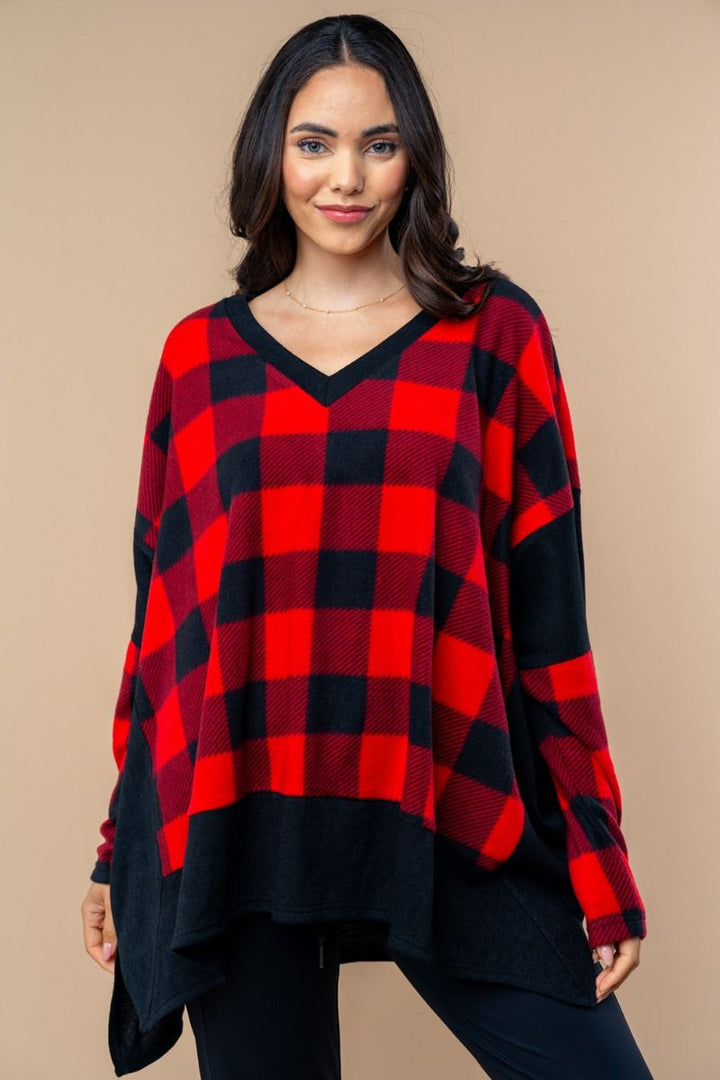 LONG SLEEVE PLUS SIZE CHECK KNIT TOP-T25702P