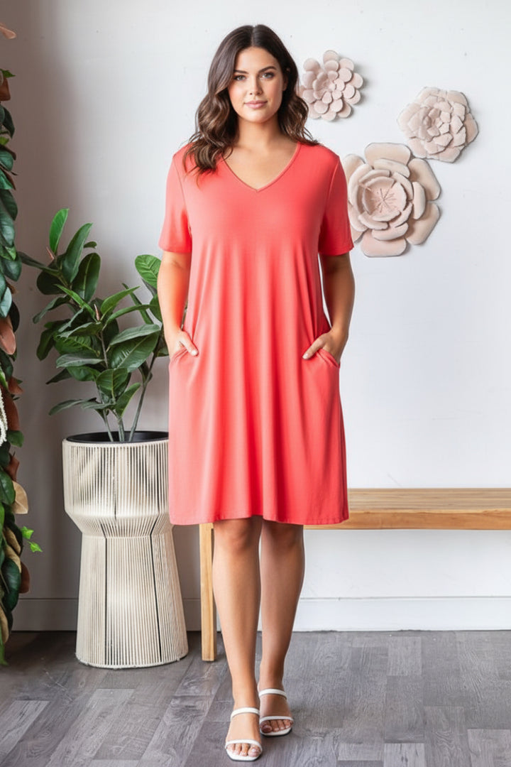 SHORT SLEEVE V NECK SOLID AIRFLOW WOVEN DRESS-HMED6880