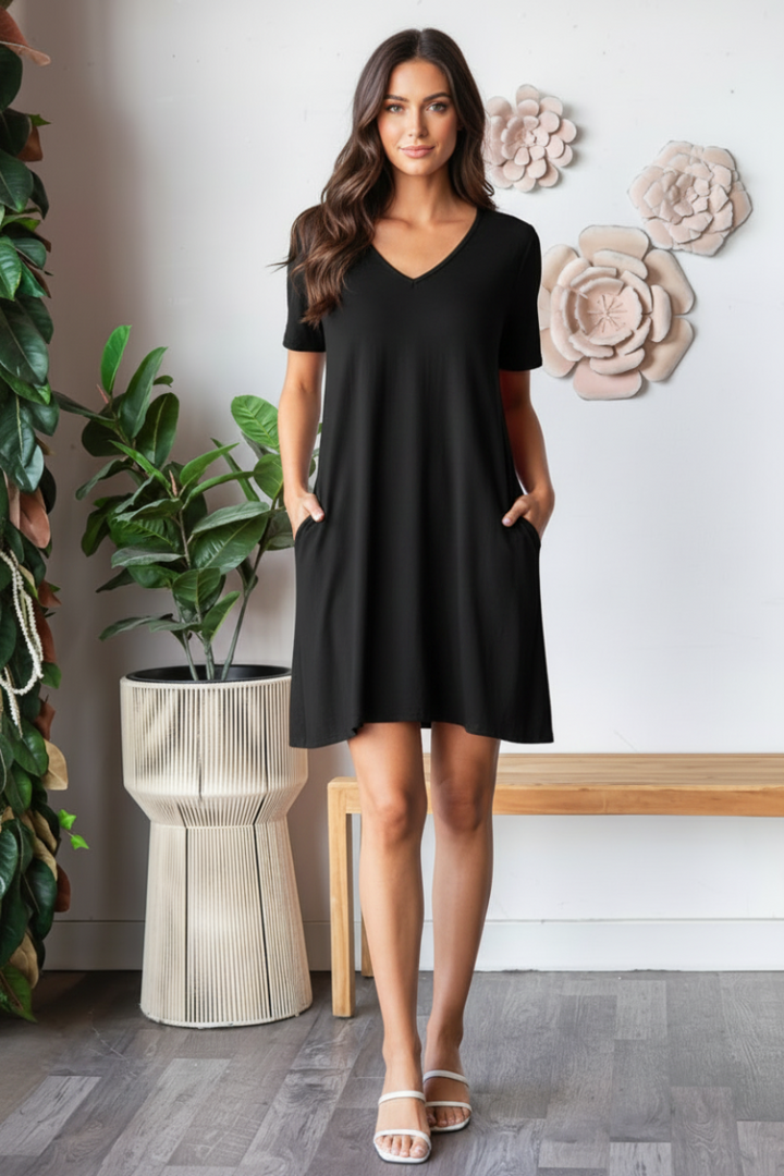 SHORT SLEEVE V NECK SOLID AIRFLOW WOVEN DRESS-HMED6880