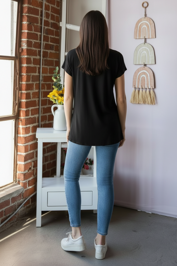 SHORT SLEEVE BASIC MANDARIN COLLAR NECK SOLID TOP-HMET7033S