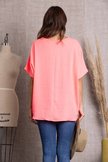 AQUA SOLID V-NECK SHORT SLEEVE LOOSE FIT TUNIC TOP-ST11475