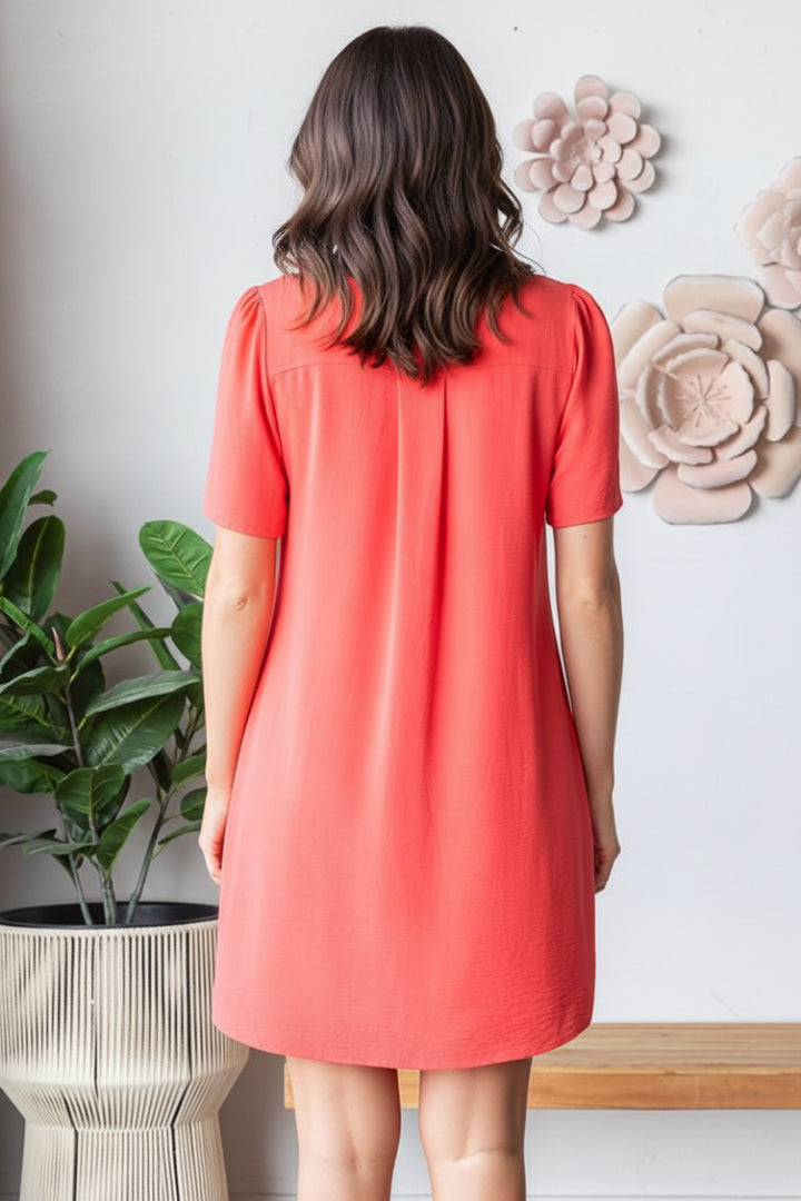 SHORT SLEEVE V NECK SOLID AIRFLOW WOVEN DRESS-HMED6880