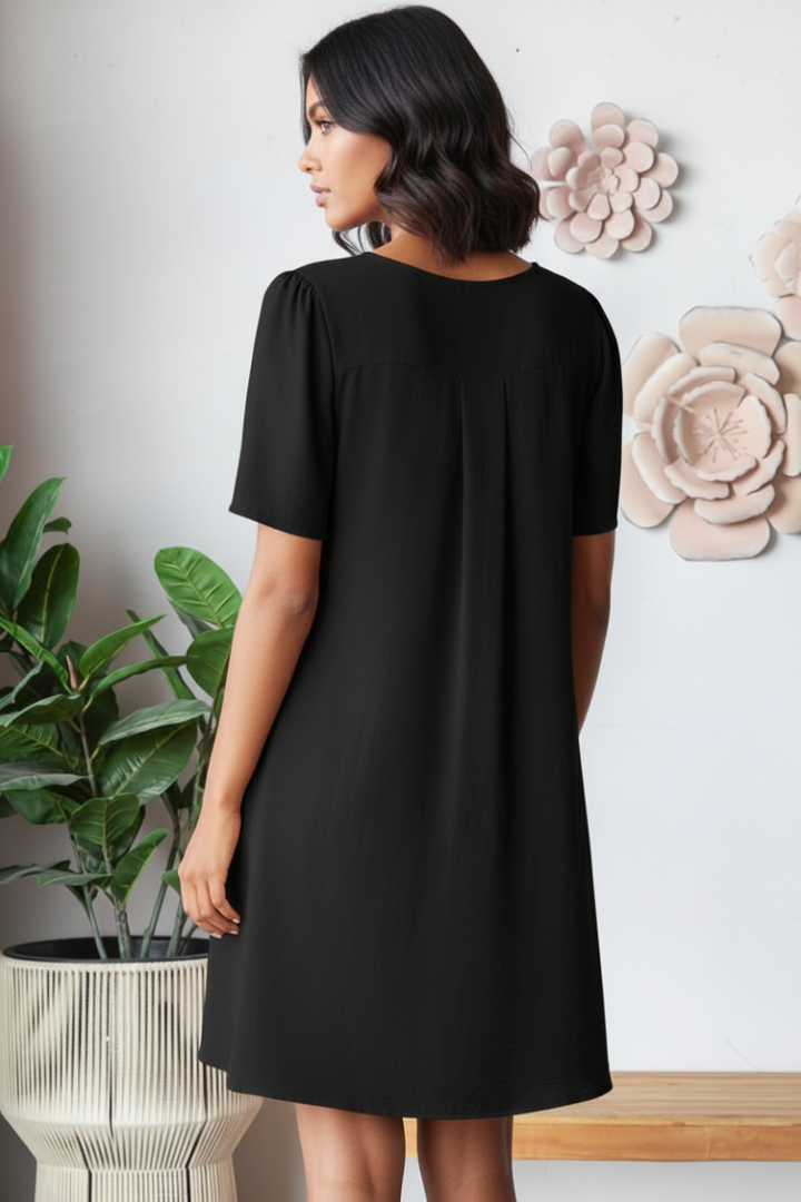 SHORT SLEEVE V NECK SOLID AIRFLOW WOVEN DRESS-HMED6880