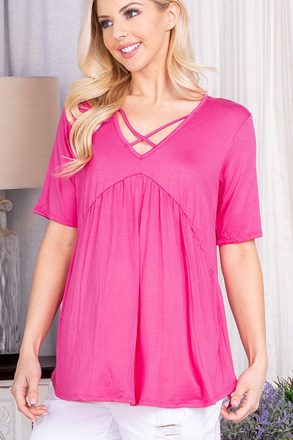 HALF SLEEVE CRISSCROSS V NECK SOLID BABYDOLL TOP