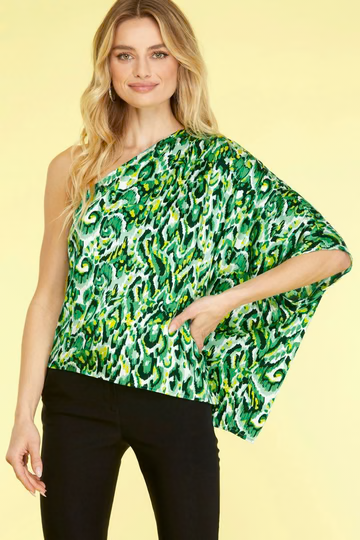FUCHSIA ONE SHOULDER PRINTED WOVEN TOP