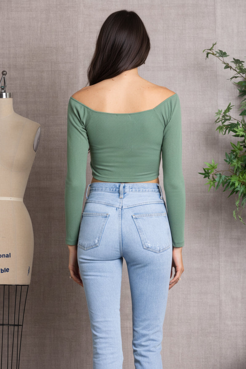 SPRUCE  RIBBED LONG SLEEVES V-CUT HEMLINE  CROP TOP-L7328
