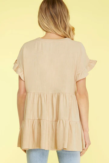 SLATE DROP SHOULDER WOVEN TIERED TUNIC V NECK TOP