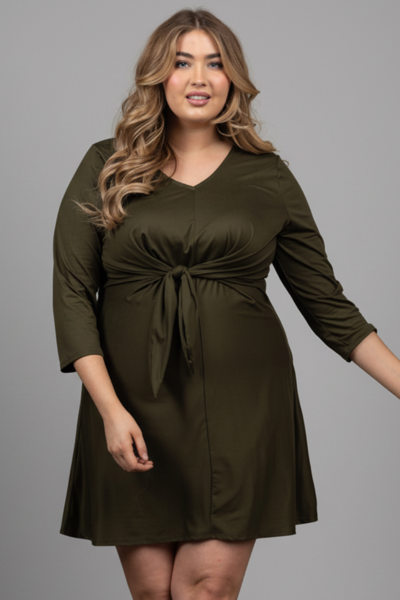 SELF-TIE FRONT LONG SLEEVES PLUS SIZE MINI DRESS D1060