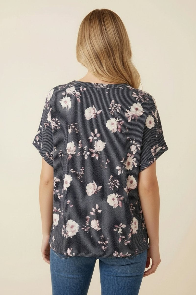 PLUS SIZE FLORAL URBAN RIBBED DROP SHOULDER TOP-HMET7864