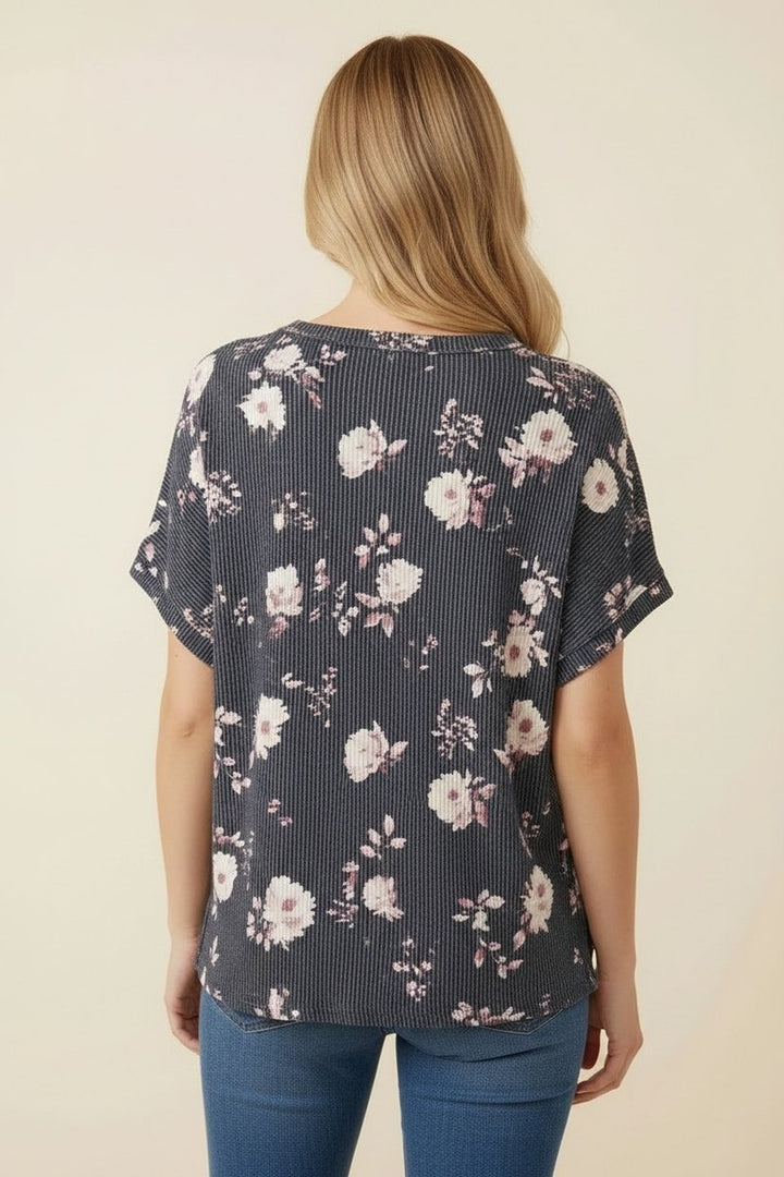 PLUS SIZE FLORAL URBAN RIBBED DROP SHOULDER TOP-HMET7864