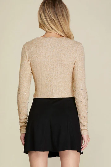 BEADED RHINESTONE LONG SLEEVES RIB KNIT TOP SKSY5926