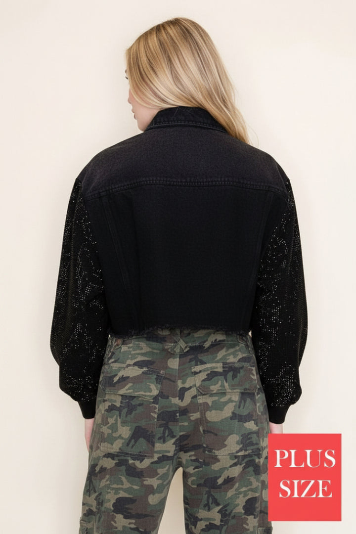 PLUS SIZE BLACK DENIM JACKET WHIT JEWEL PATTERN SLEEVE