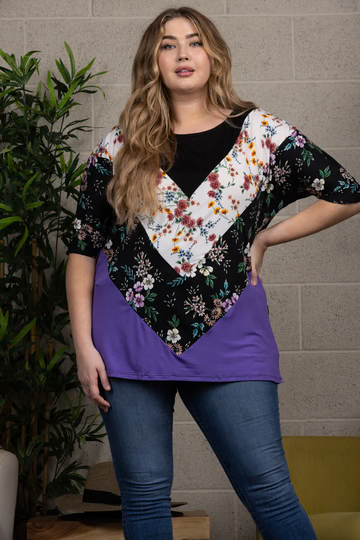 FLORAL PRINT CONTRAST PLUS SIZE KNIT TOP-CT43609C