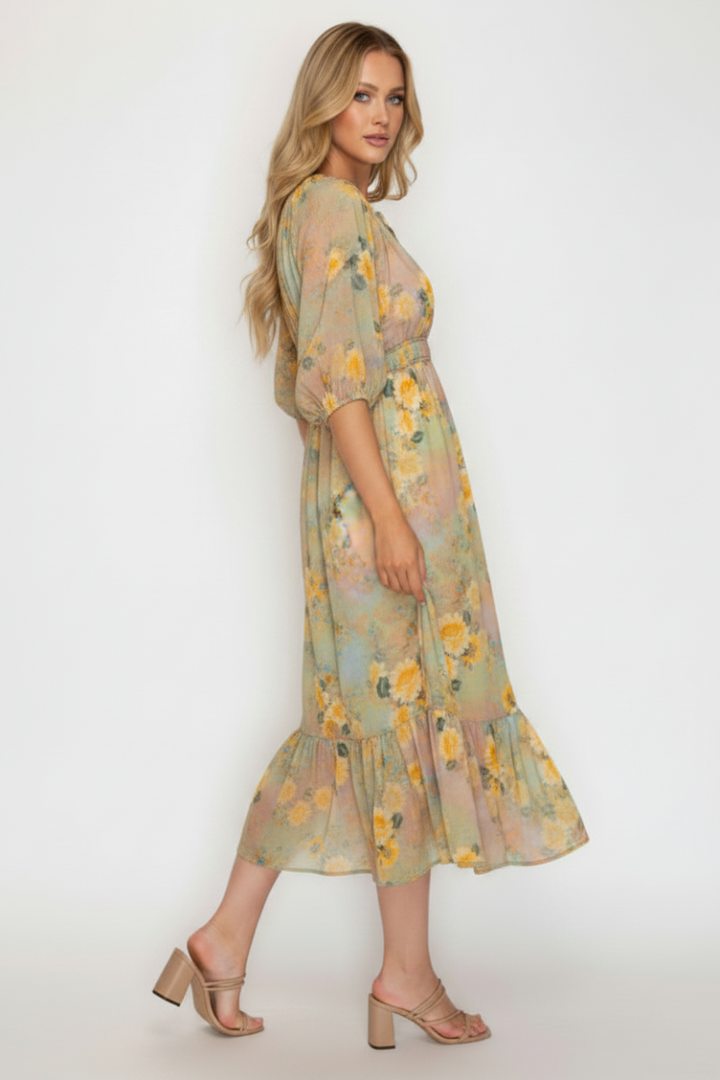 FLORAL MIDI DRESS WITH SQUARE NECK-SHD1027