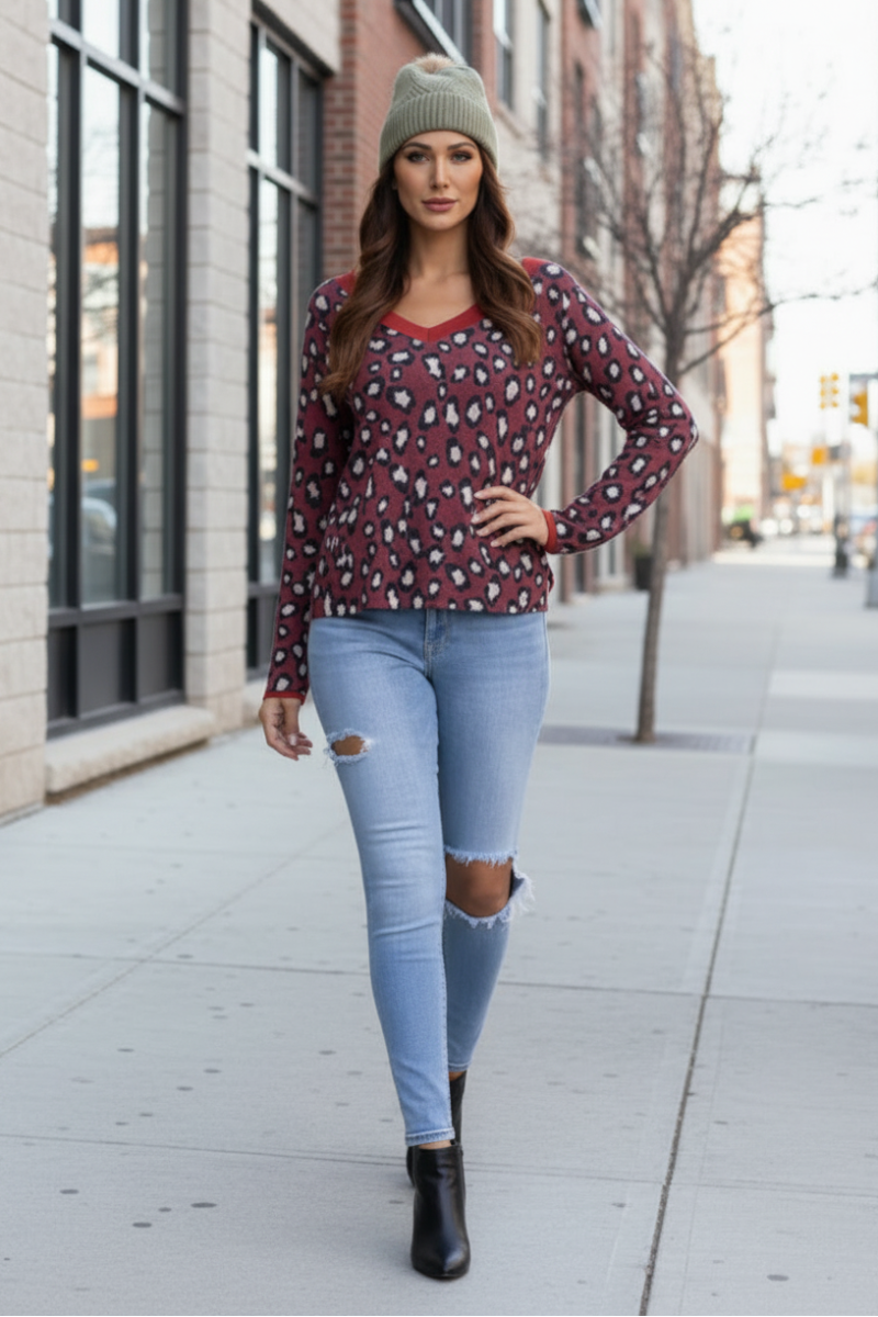 CHEETAH PRINT LACE-UP BACK KNIT TOP TY10840-
