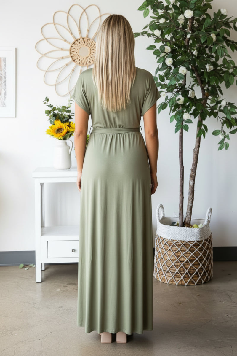 SHORT SLEEVE V NECK SOLID MAXI WRAP DRESS HMED6724S