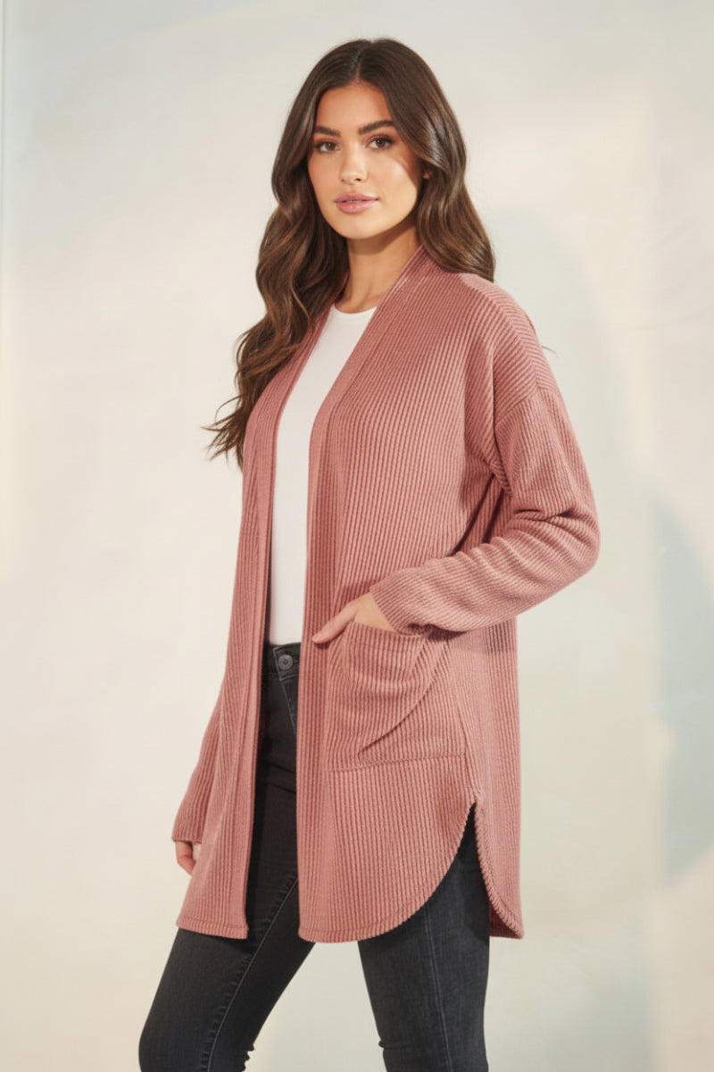 PLUS SIZE LONG SLEEVE SOLID BRUSHED URBAN RIBBED OPEN