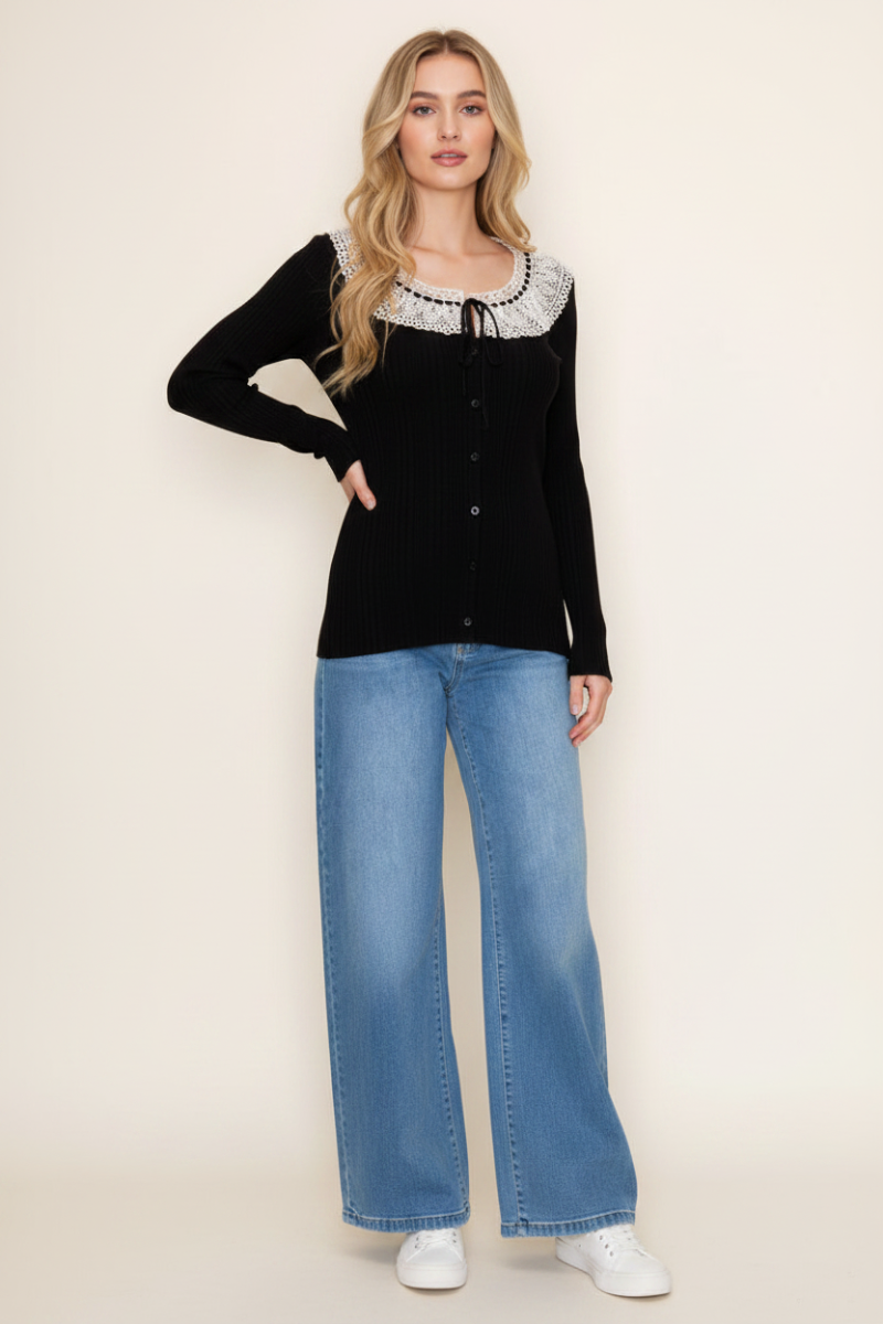 BLACK LONG SLEEVE LACE YOKE DETAIL TOP WBT10999XL