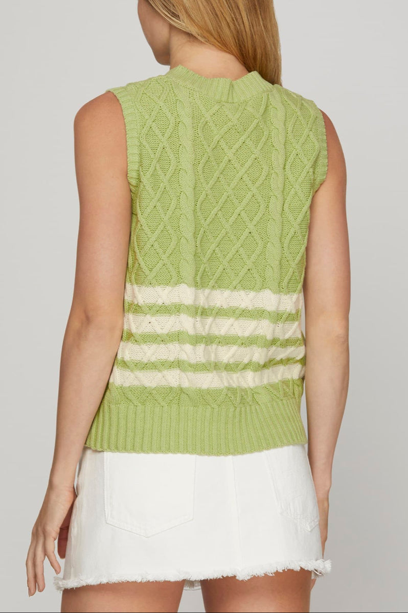 SLEEVELESS STRIPED CABLE KNIT SWEATER VEST-SKSY8127