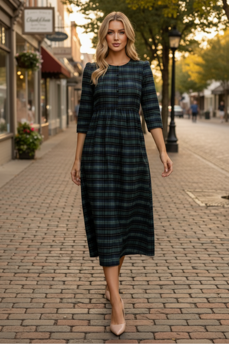 ELEGANT PLAID MIDI DRESS FEATURING A FLATTERING EMPIRE SHVL5954-5